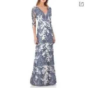 JS Collections Women's Embroidered Column Gown - Navy Ivory - Size 6